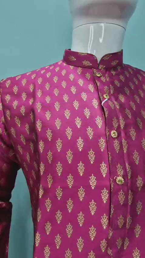 Men's Festive Banarasi Kurta – Magenta with Gold (Brocade Pattern)