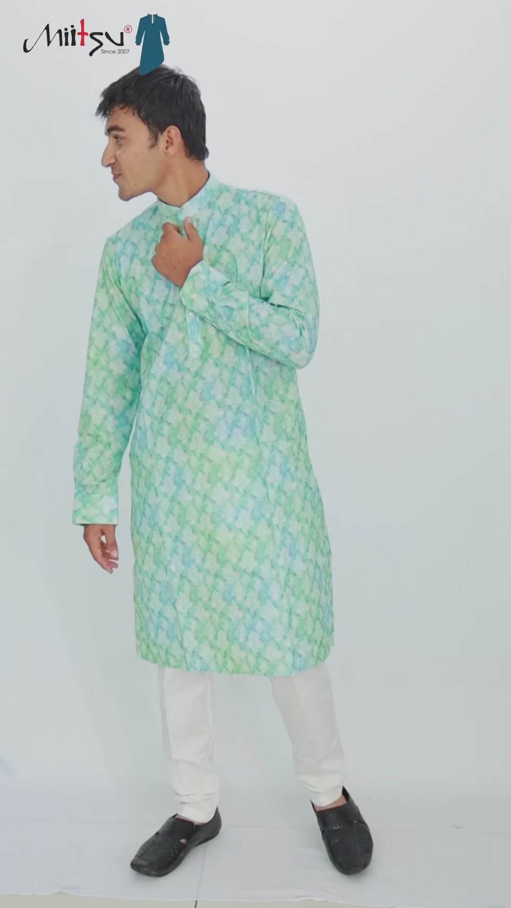 Men's Pistachio Floral Cotton Kurta (1204)