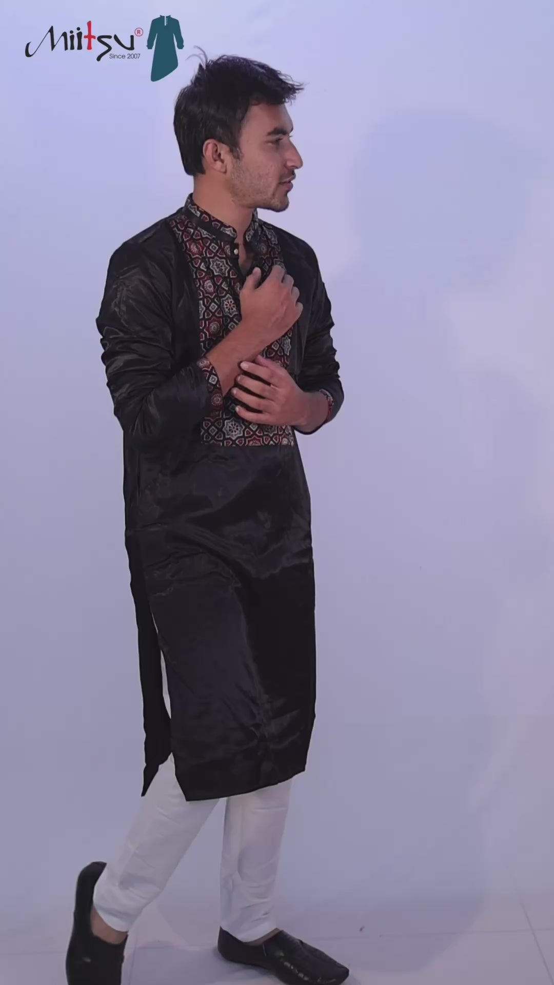 Men's Black Silk Kurta with Ajrak-Inspired Embroidery (2792)