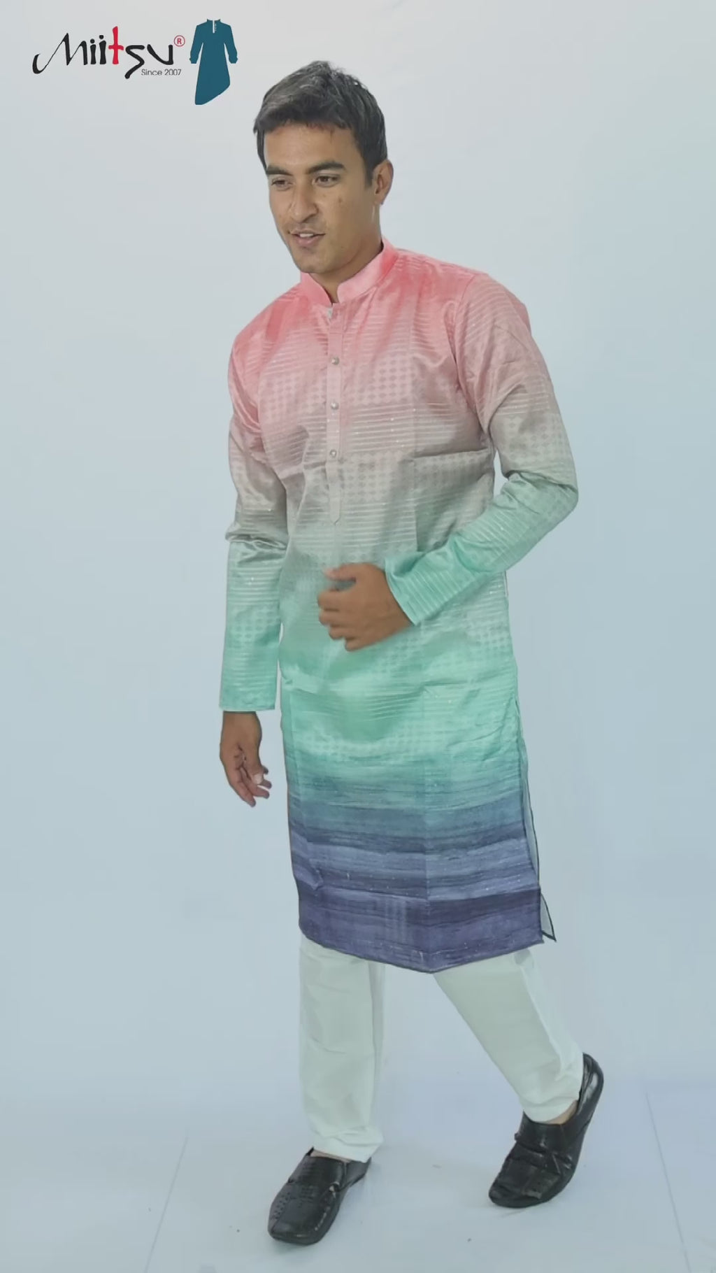 Men’s Sunset Ombre Kurta – Peach, Mint &amp; Indigo Gradient | Trendy Festive Kurta for Modern Ethnic Wear(2020)