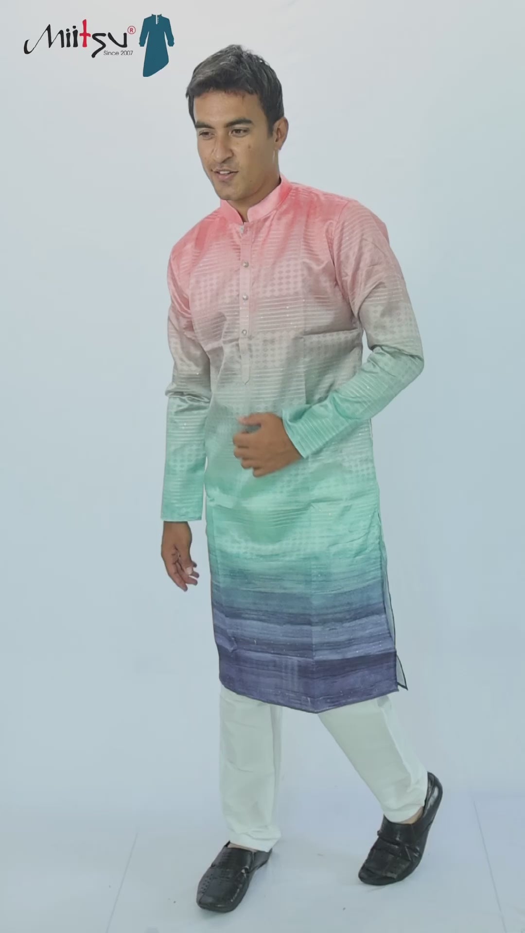 Men’s Sunset Ombre Kurta – Peach, Mint &amp; Indigo Gradient | Trendy Festive Kurta for Modern Ethnic Wear(2020)