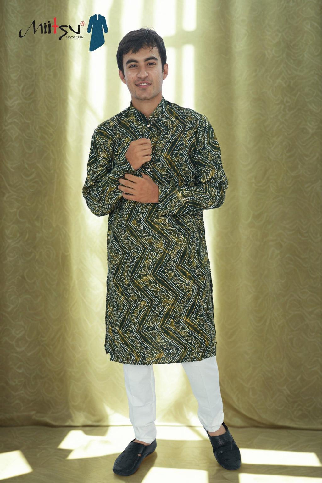 Men's Deep Olive Bandhani Print Cotton Kurta (R12)