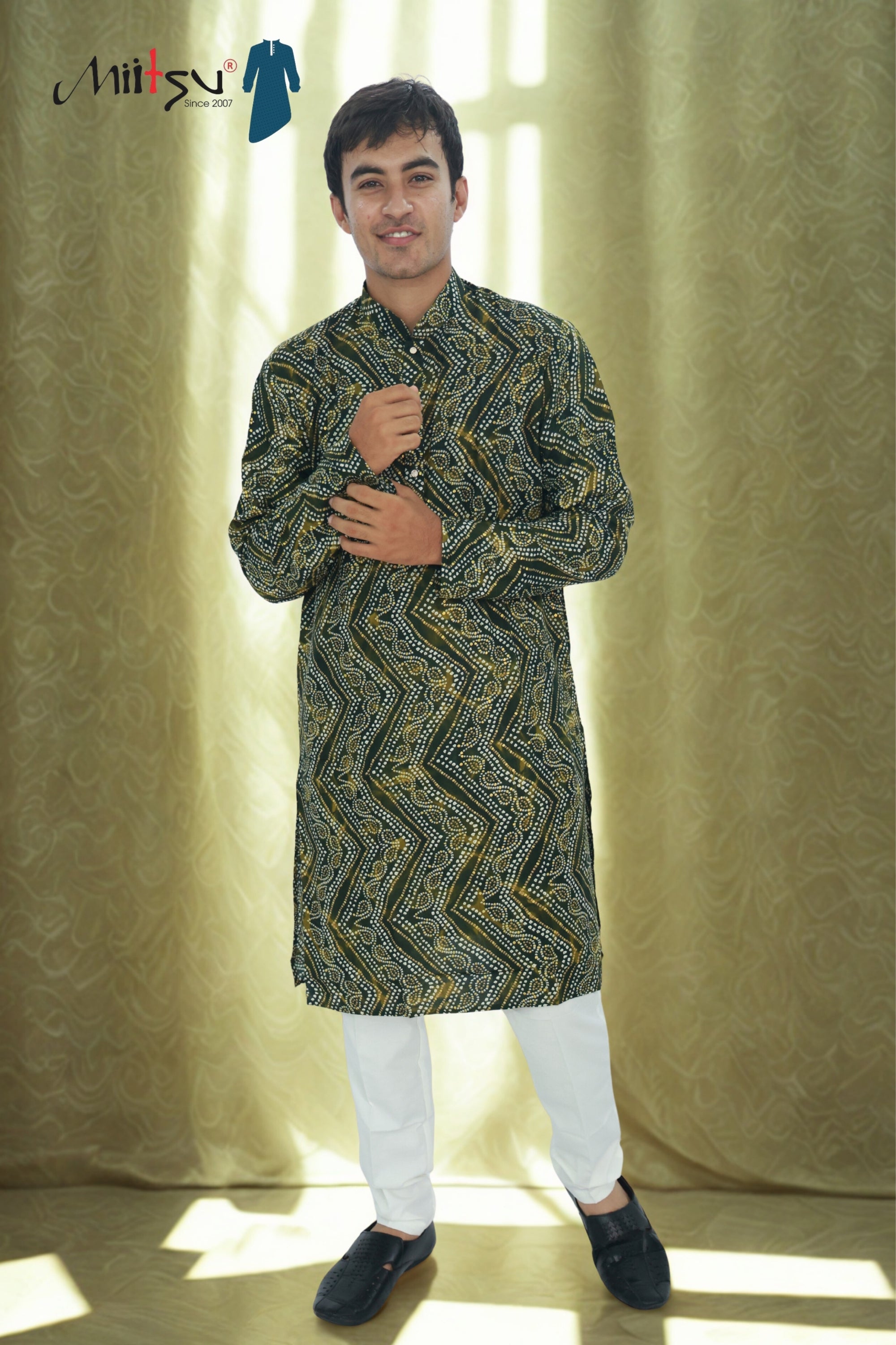 Men's Deep Olive Bandhani Print Cotton Kurta (R12)
