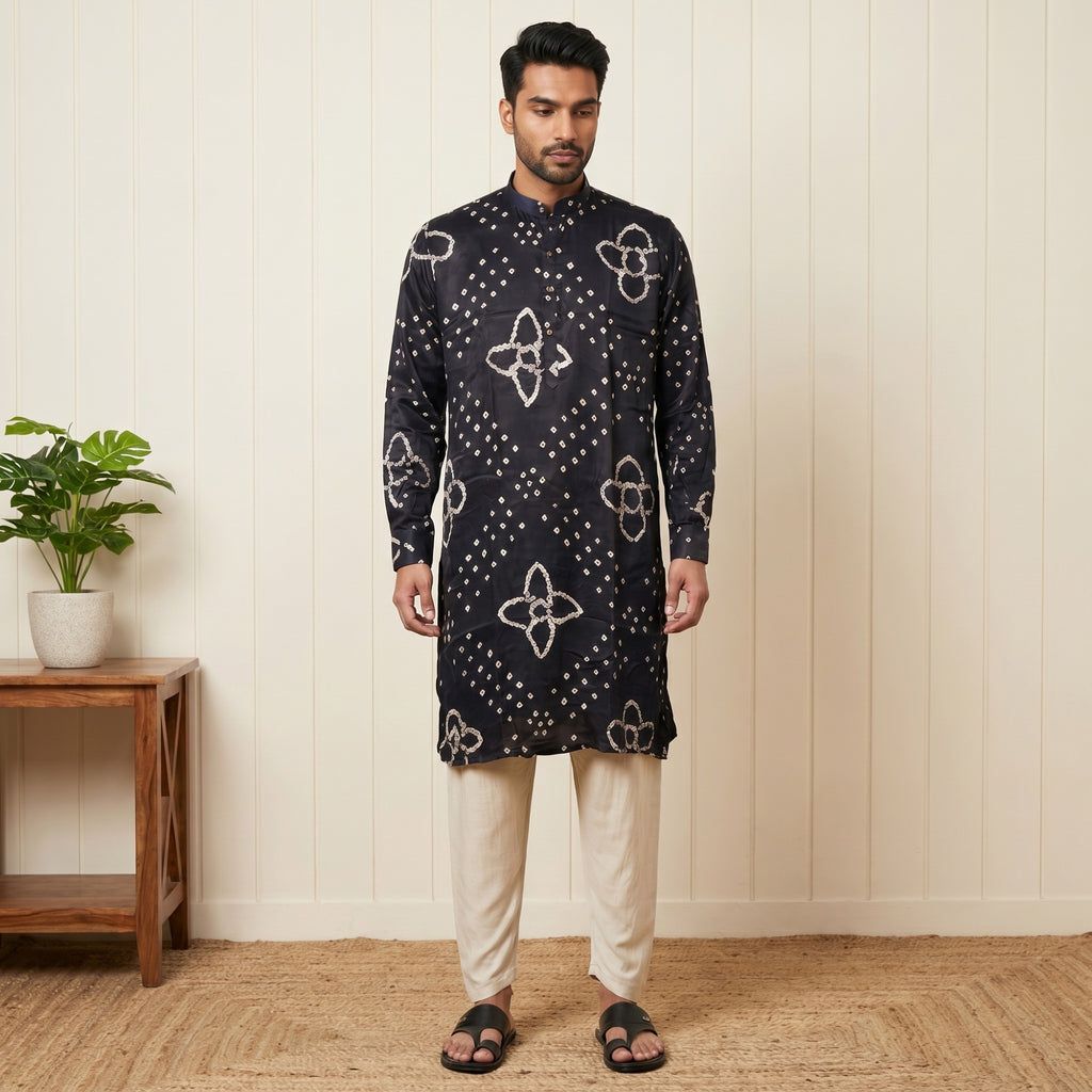 Men’s Premium Black Bandhani Kurta – Pure Ghaji Silk (2709)