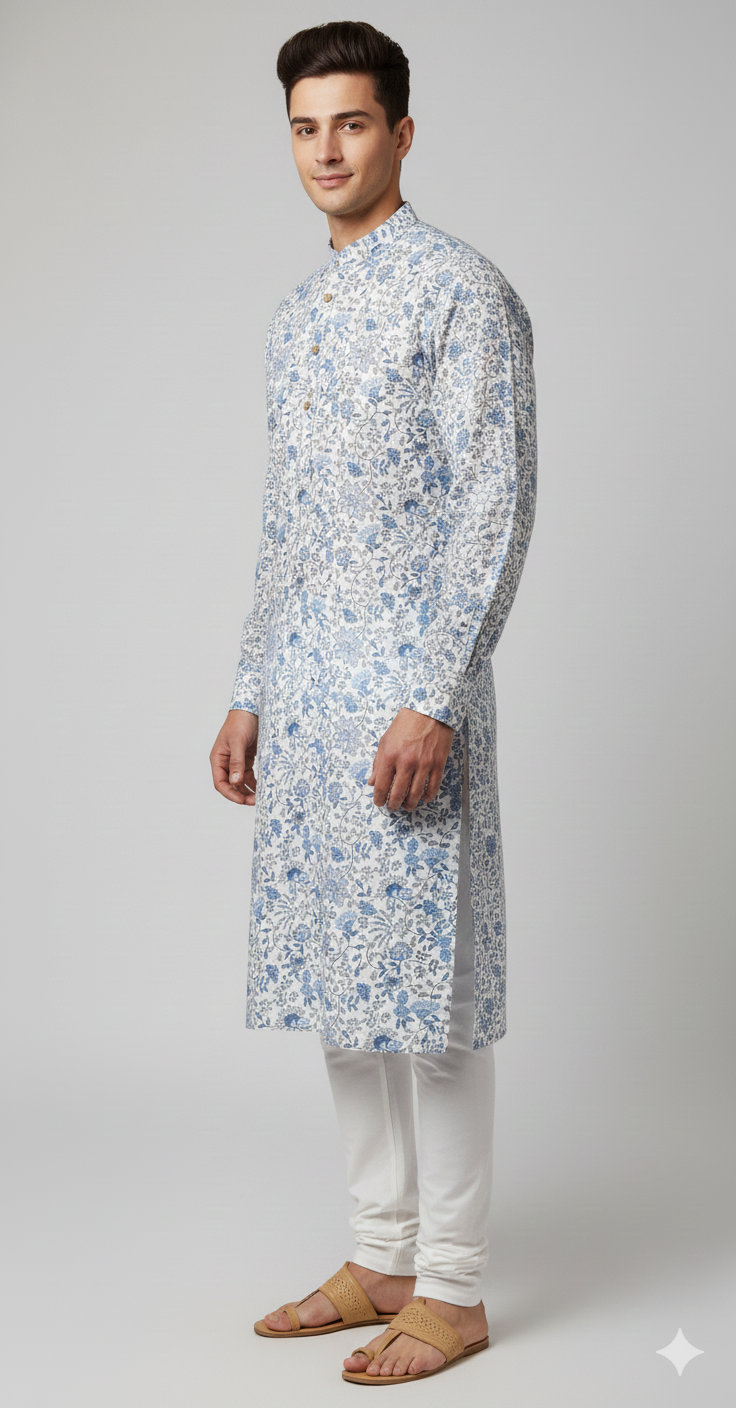 Blue Garden Ivory Kurta – Classic Handprint Charm (20258)