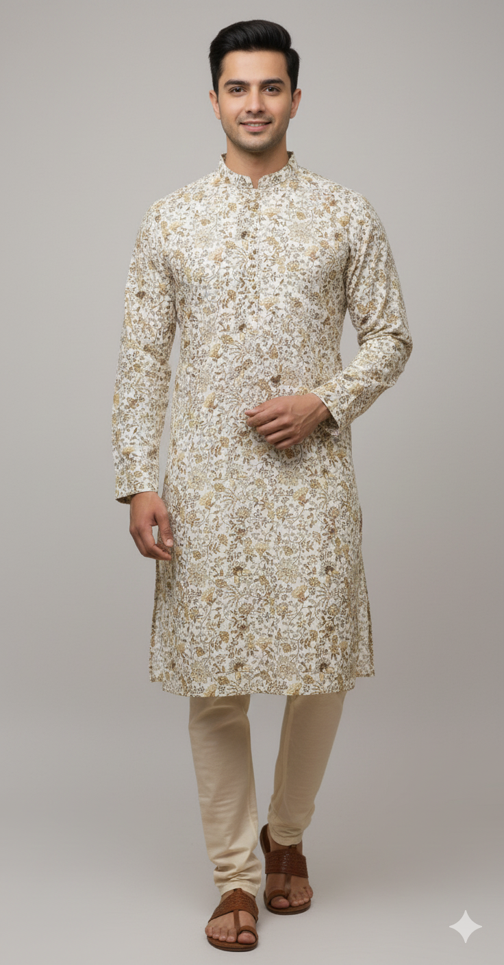 Ivory Meadow Kurta – Earthy Floral Elegance (20158)