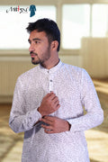 Men’s Casual Printed Kurta – White Leaf Pattern (7802)