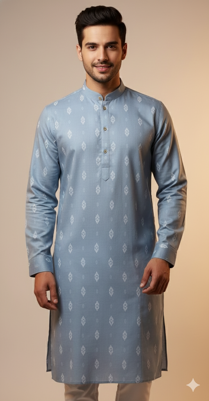 Steel Blue Minimal Motif Kurta (20265)