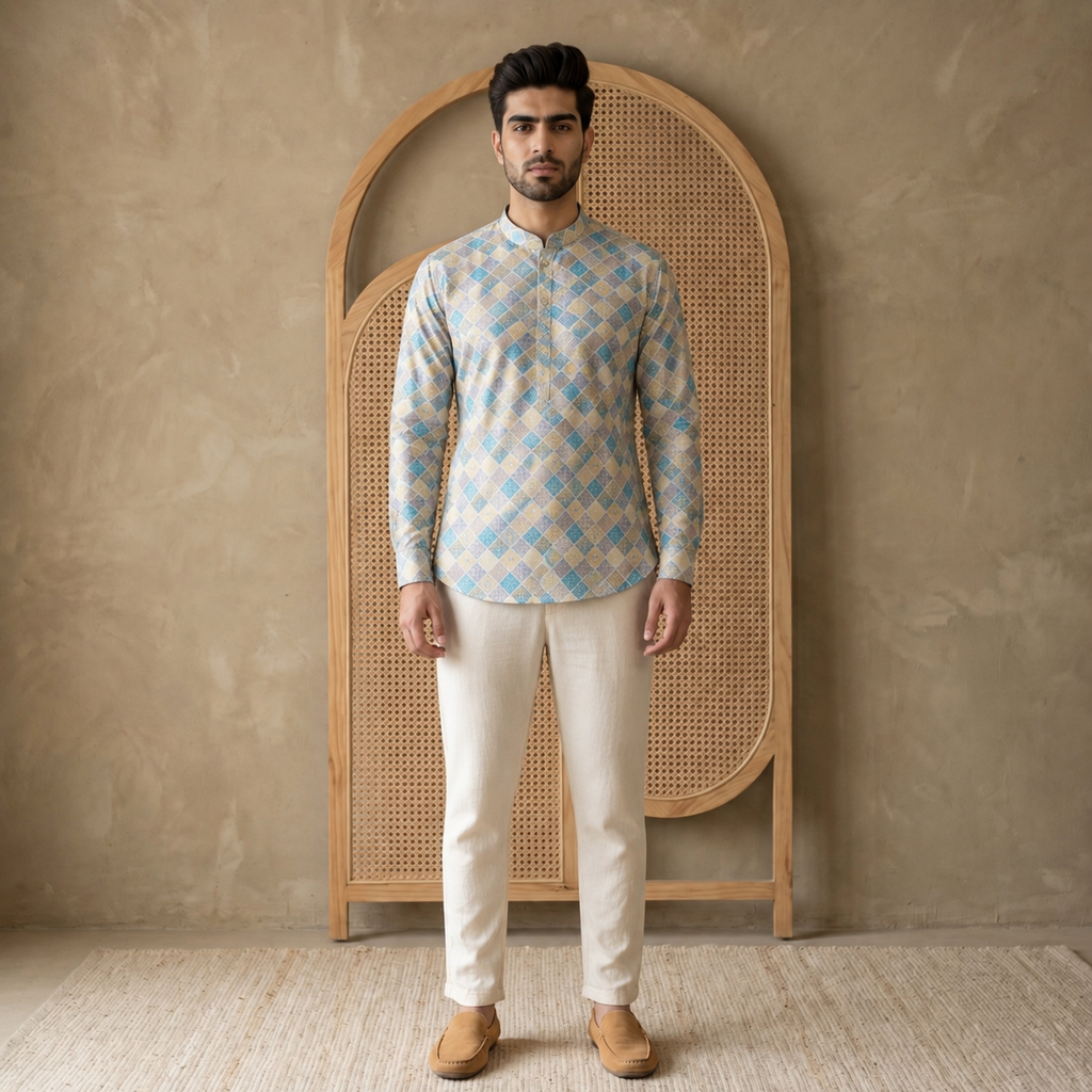 Men's Pastel Diamond Print Short Kurta (300)