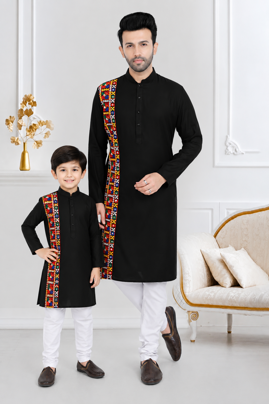 Father-Son Matching Kutchi Patchwork Black Ethnic Kurta (4053)