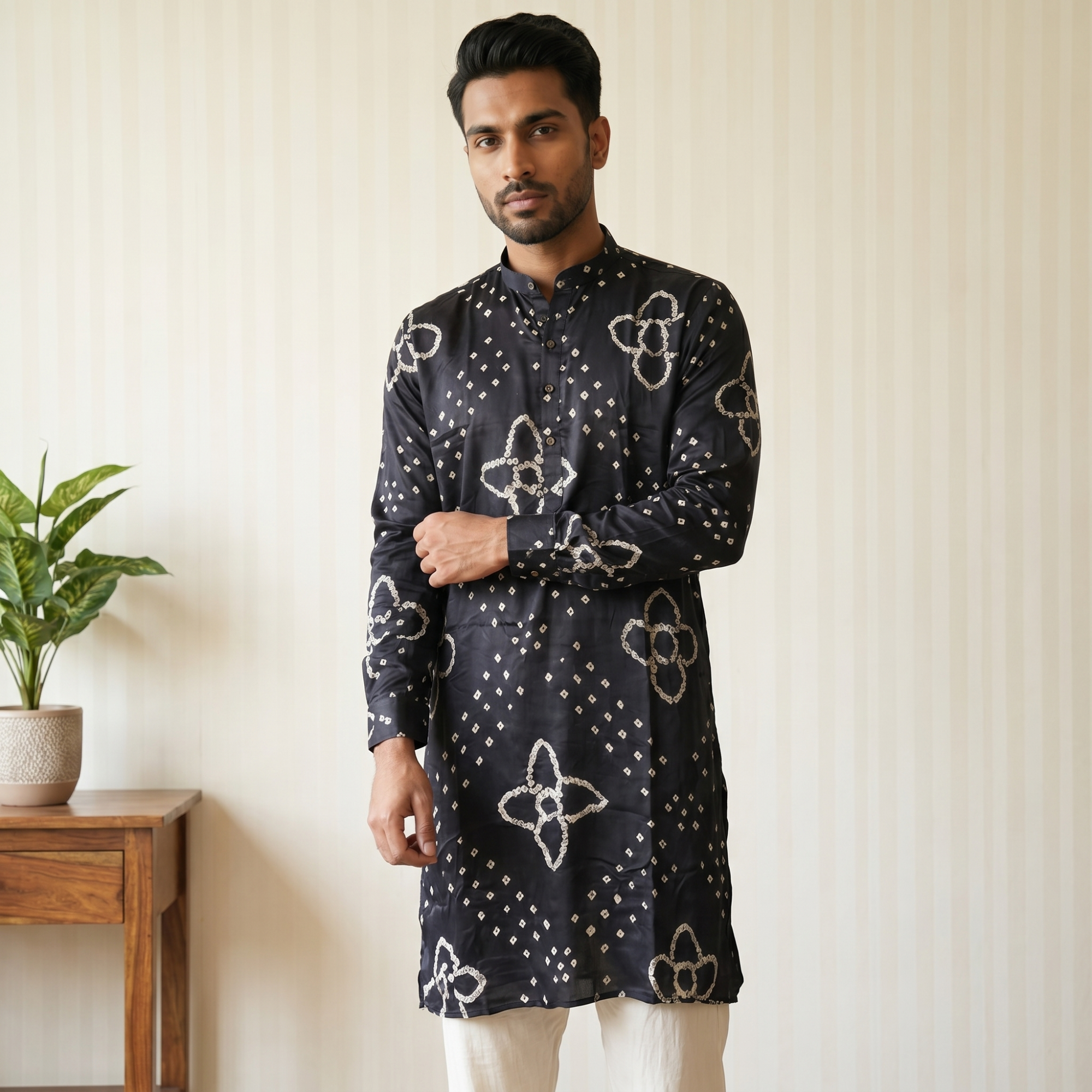 Men’s Premium Black Bandhani Kurta – Pure Ghaji Silk (2709)