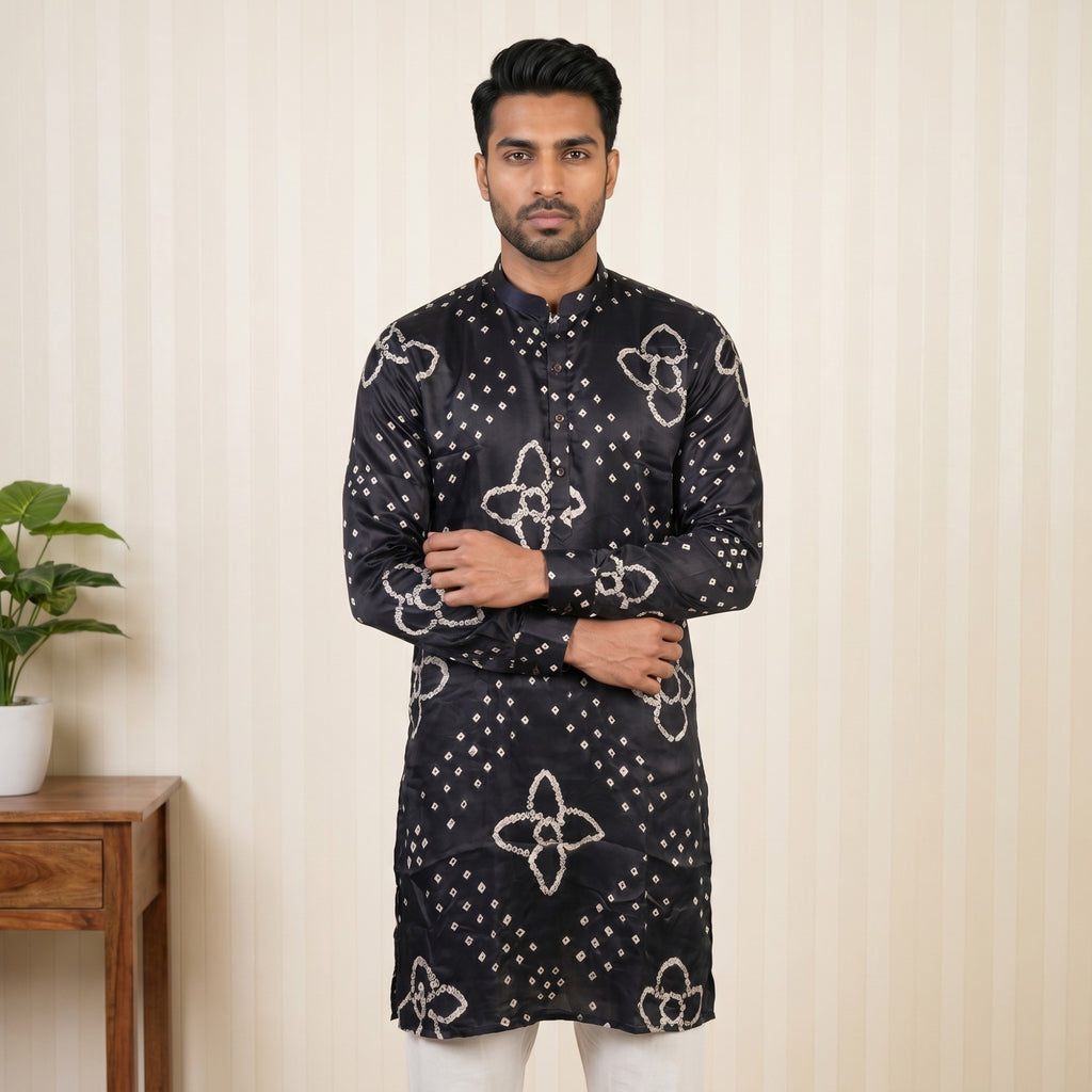 Men’s Premium Black Bandhani Kurta – Pure Ghaji Silk (2709)