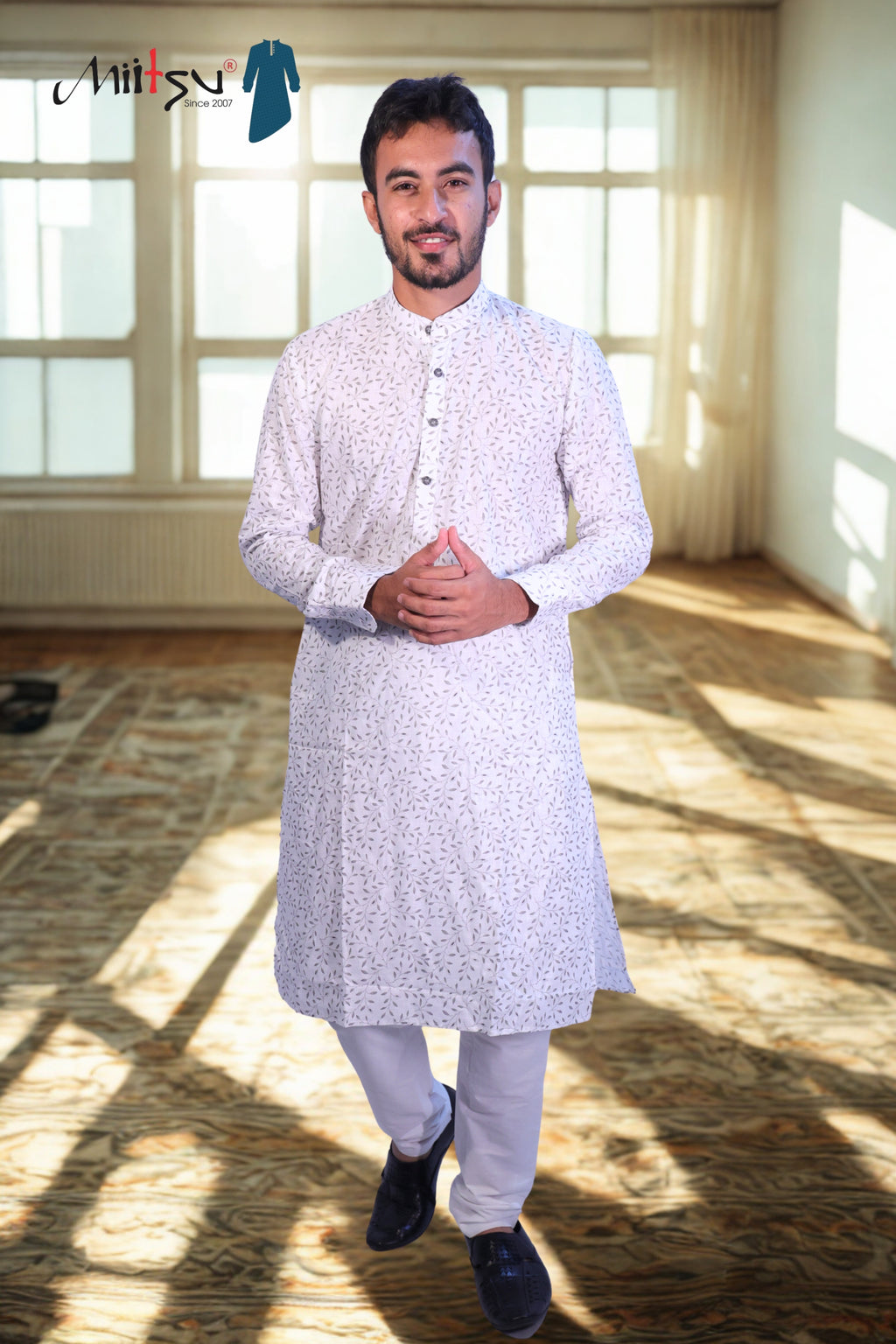 Men’s Casual Printed Kurta – White Leaf Pattern (7802)