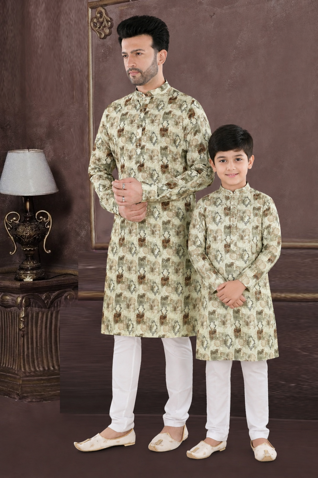 Royal Beige Printed Father-Son Kurta Set – Ethnic Festive Wear Collection (70114)