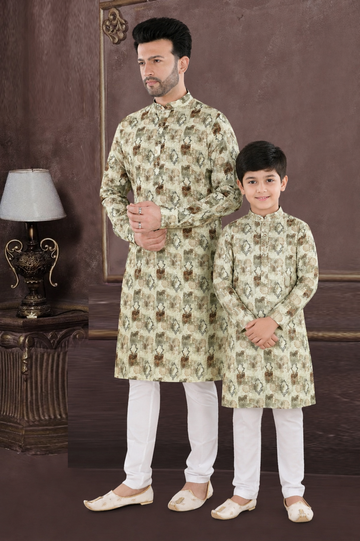 Royal Beige Printed Father-Son Kurta Set – Ethnic Festive Wear Collection (70114)