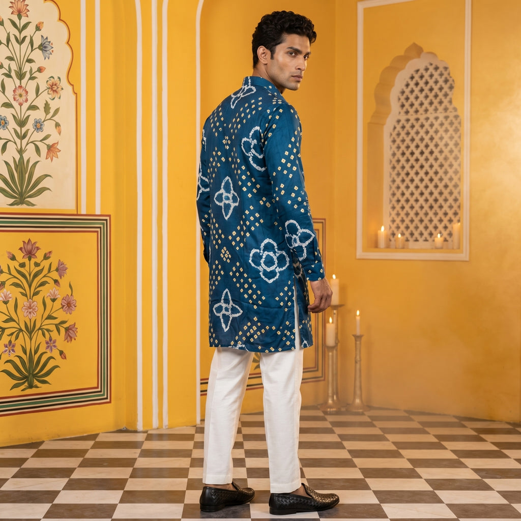 Men’s Royal Teal Blue Bandhani Kurta – Pure Ghaji Silk (2709)