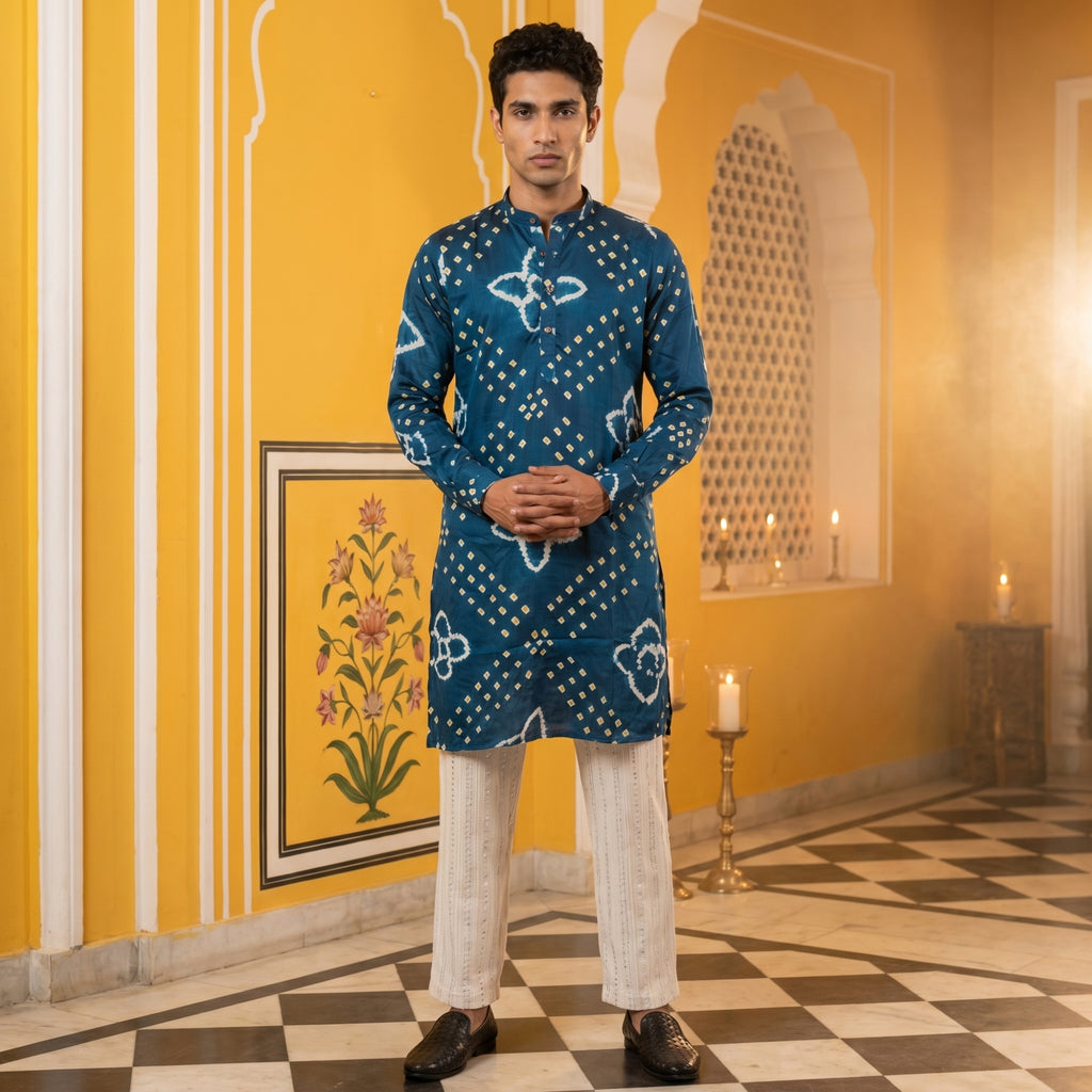 Men’s Royal Teal Blue Bandhani Kurta – Pure Ghaji Silk (2709)