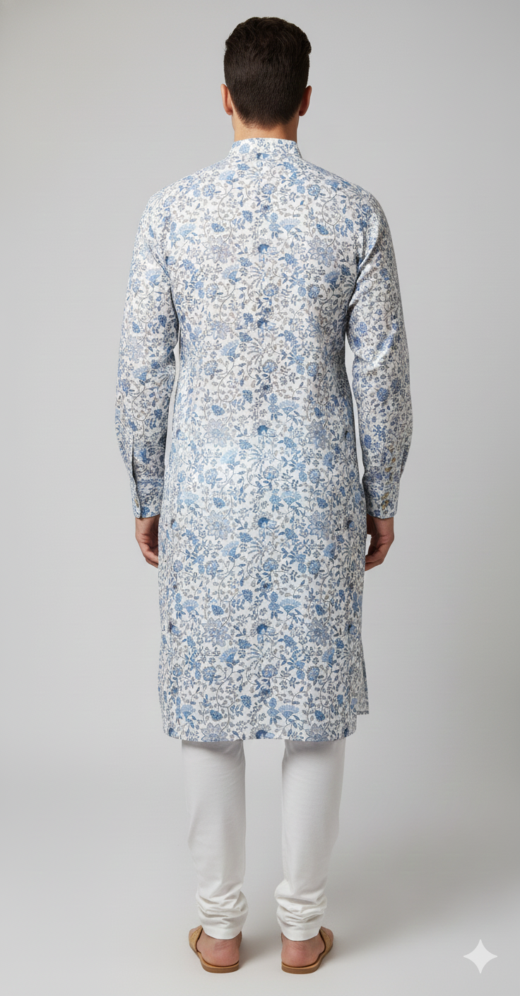 Blue Garden Ivory Kurta – Classic Handprint Charm (20258)