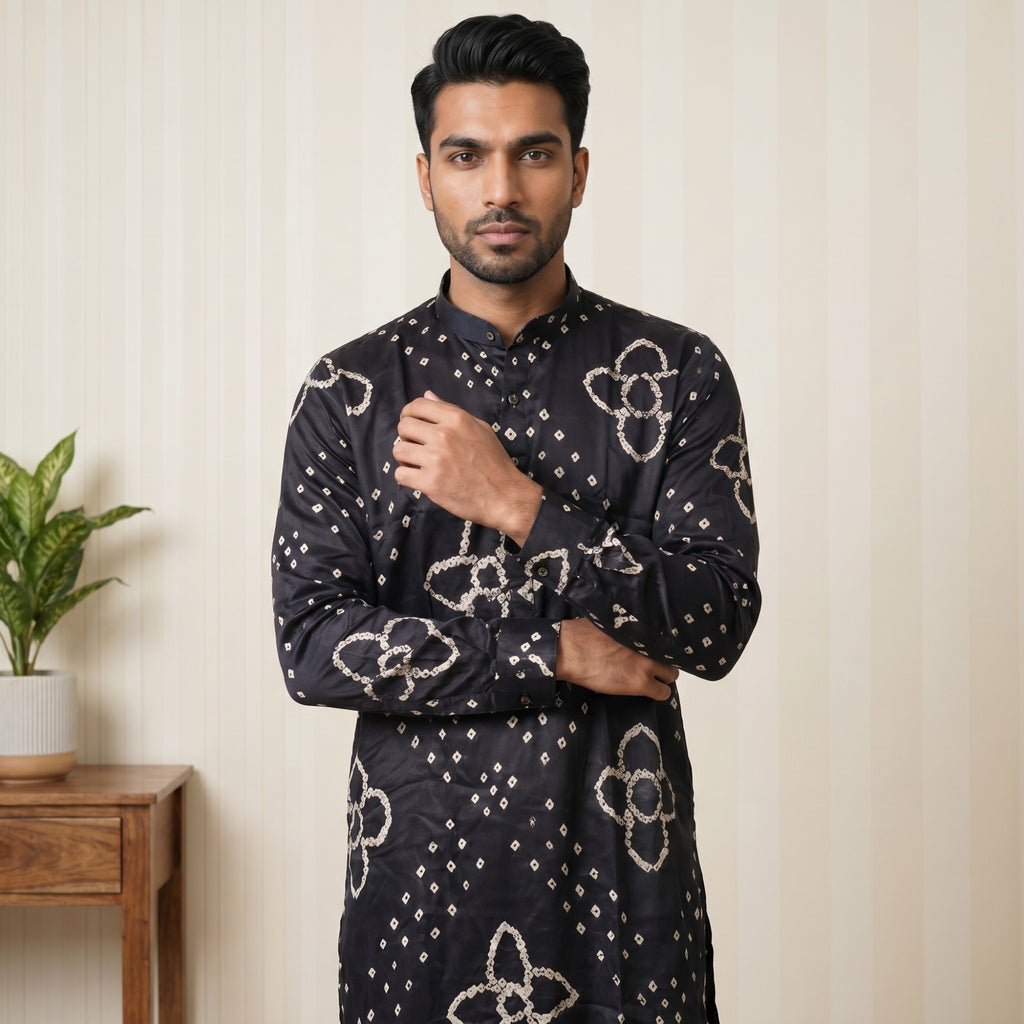 Men’s Premium Black Bandhani Kurta – Pure Ghaji Silk (2709)
