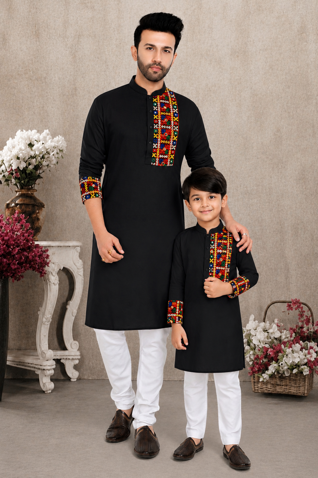 Midnight Black Father-Son Matching Kurta with Heritage Embroidery (4052)