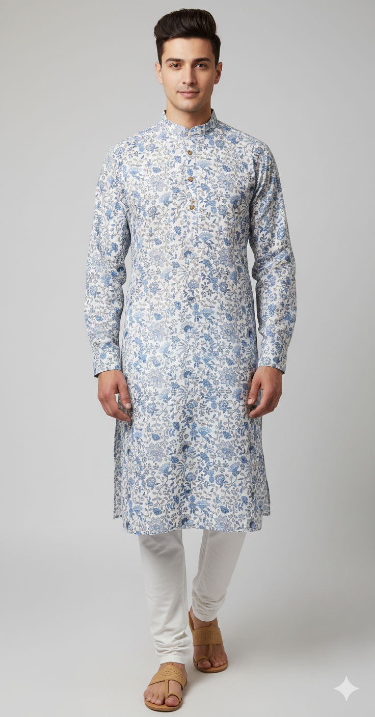 Blue Garden Ivory Kurta – Classic Handprint Charm (20258)