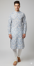 Blue Garden Ivory Kurta – Classic Handprint Charm (20258)