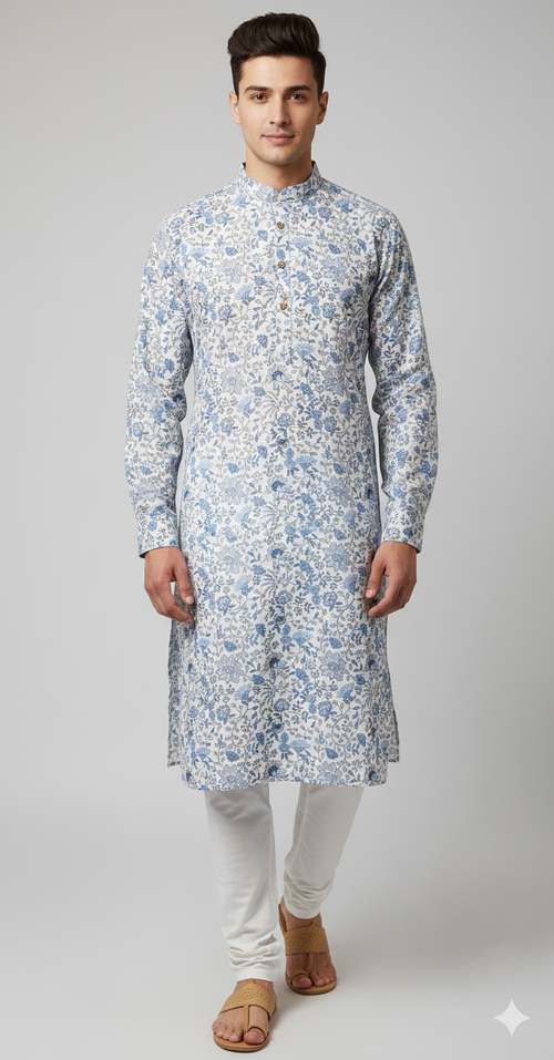 Blue Garden Ivory Kurta – Classic Handprint Charm (20258)