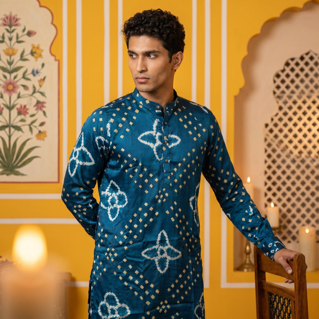 Men’s Royal Teal Blue Bandhani Kurta – Pure Ghaji Silk (2709)
