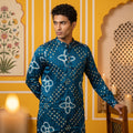 Men’s Royal Teal Blue Bandhani Kurta – Pure Ghaji Silk (2709)