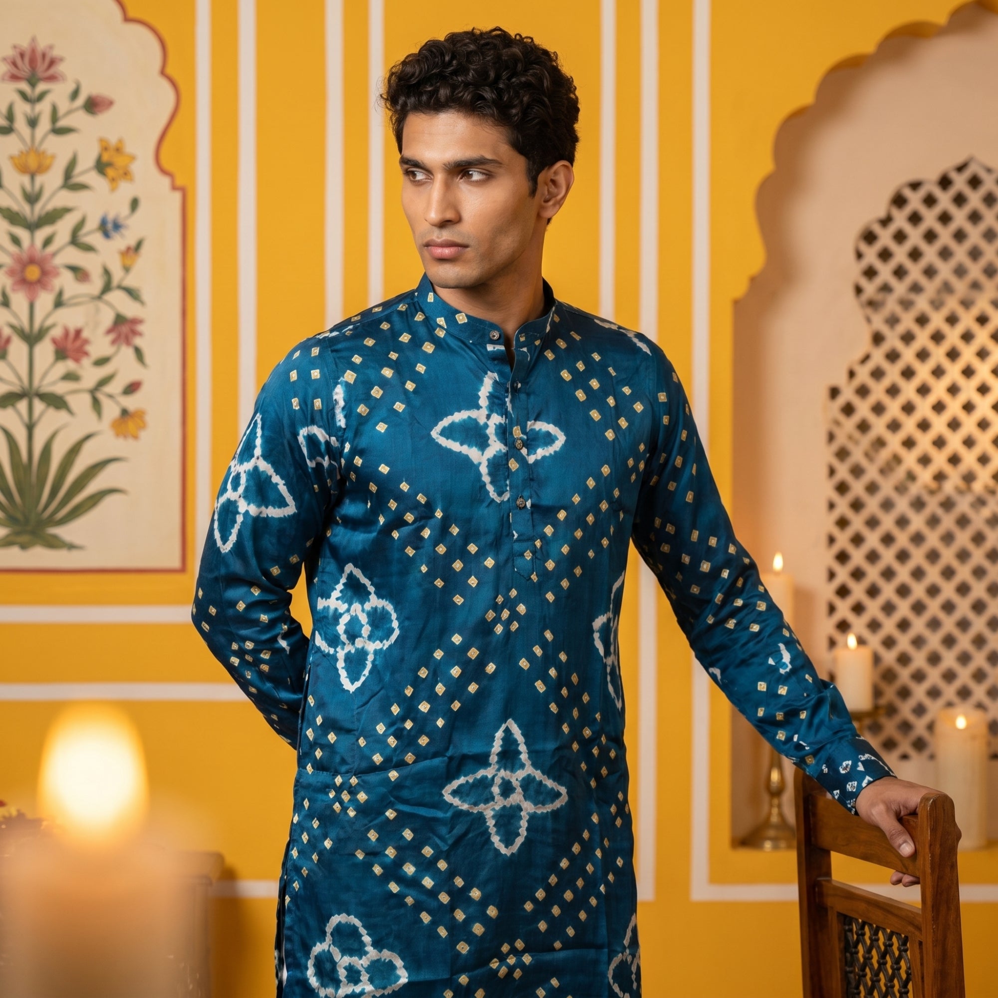 Men’s Royal Teal Blue Bandhani Kurta – Pure Ghaji Silk (2709)