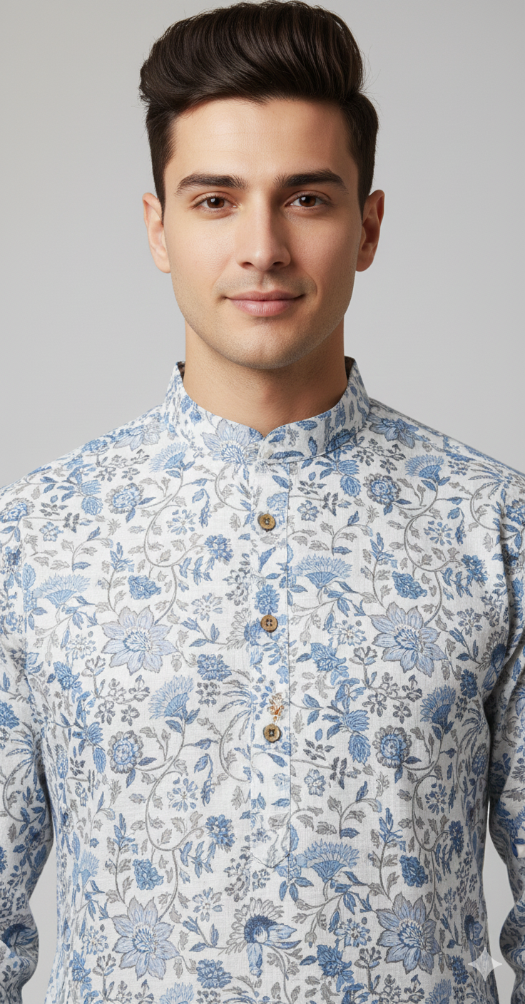 Blue Garden Ivory Kurta – Classic Handprint Charm (20258)
