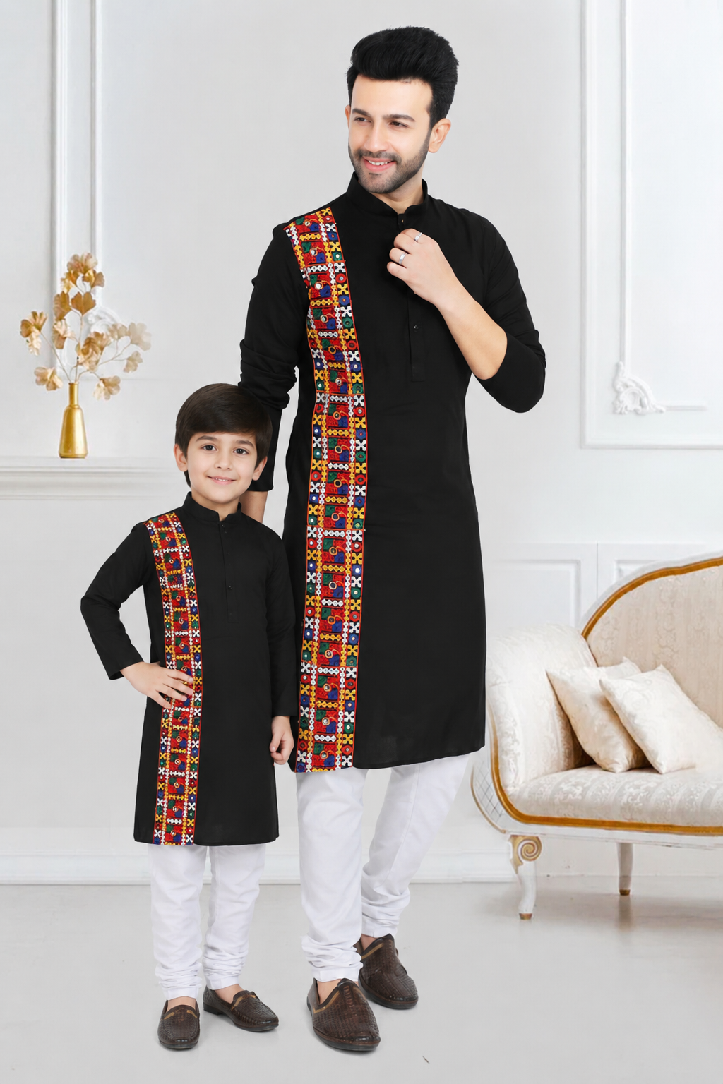 Father-Son Matching Kutchi Patchwork Black Ethnic Kurta (4053)