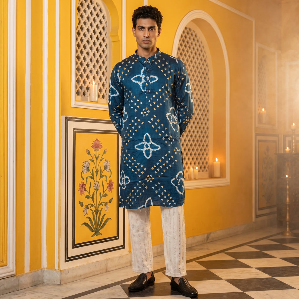 Men’s Royal Teal Blue Bandhani Kurta – Pure Ghaji Silk (2709)