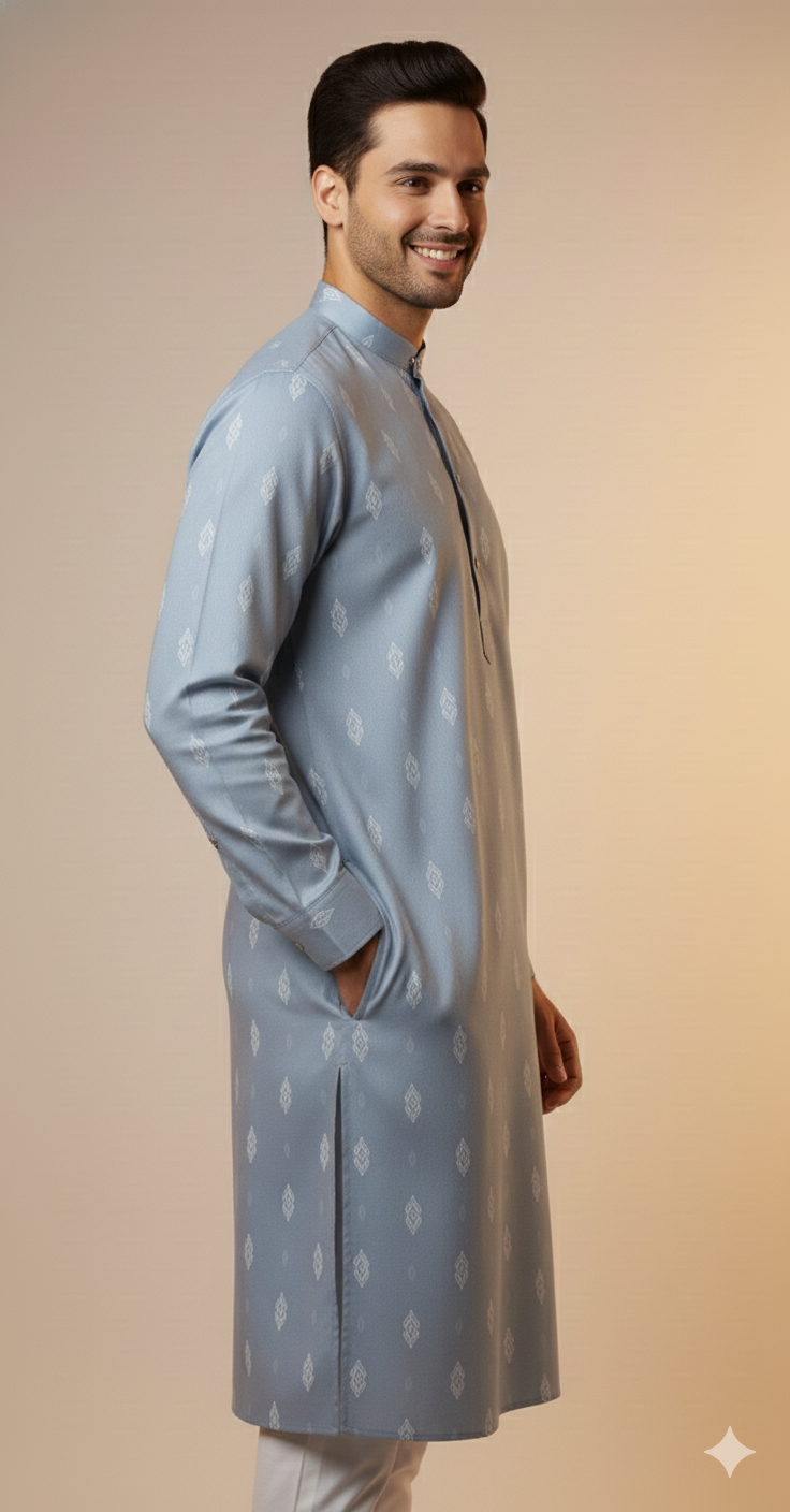 Steel Blue Minimal Motif Kurta (20265)
