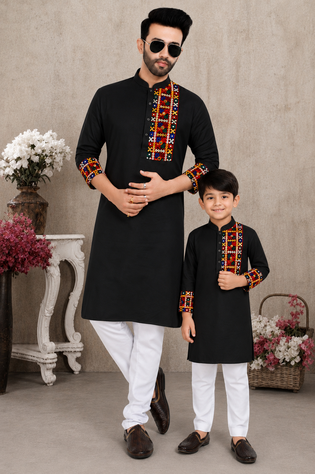 Midnight Black Father-Son Matching Kurta with Heritage Embroidery (4052)