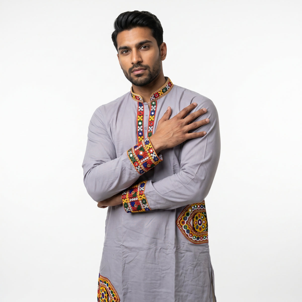 Men’s Light Grey Kutchi Embroidered Kurta (2878)