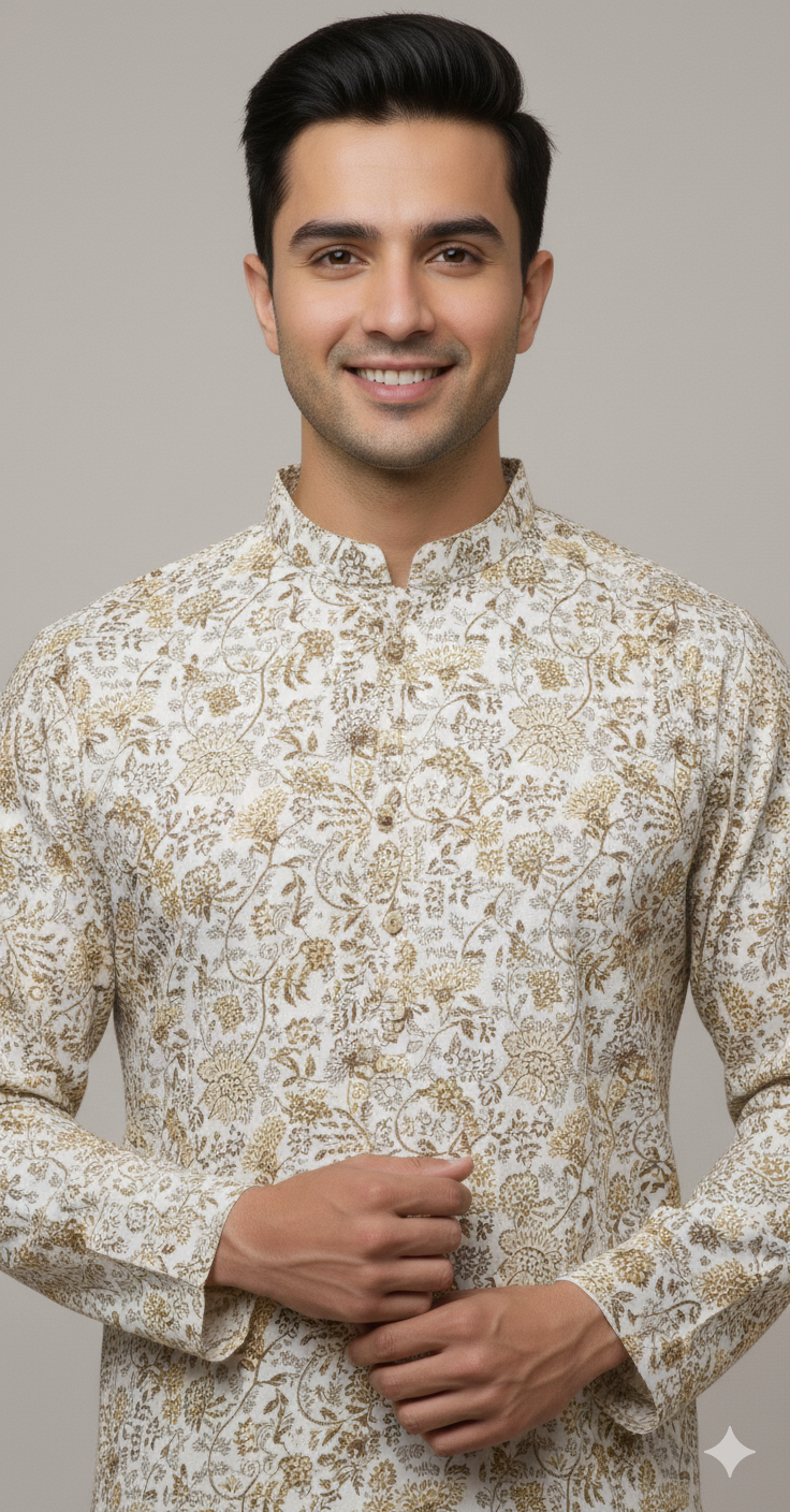Ivory Meadow Kurta – Earthy Floral Elegance (20158)