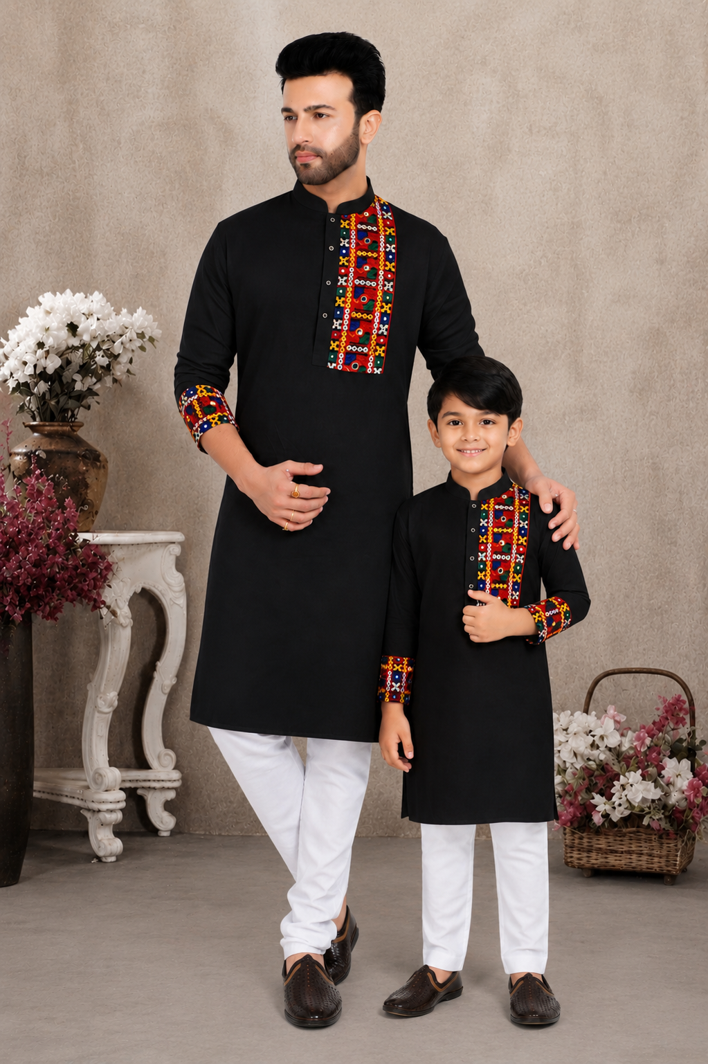 Midnight Black Father-Son Matching Kurta with Heritage Embroidery (4052)